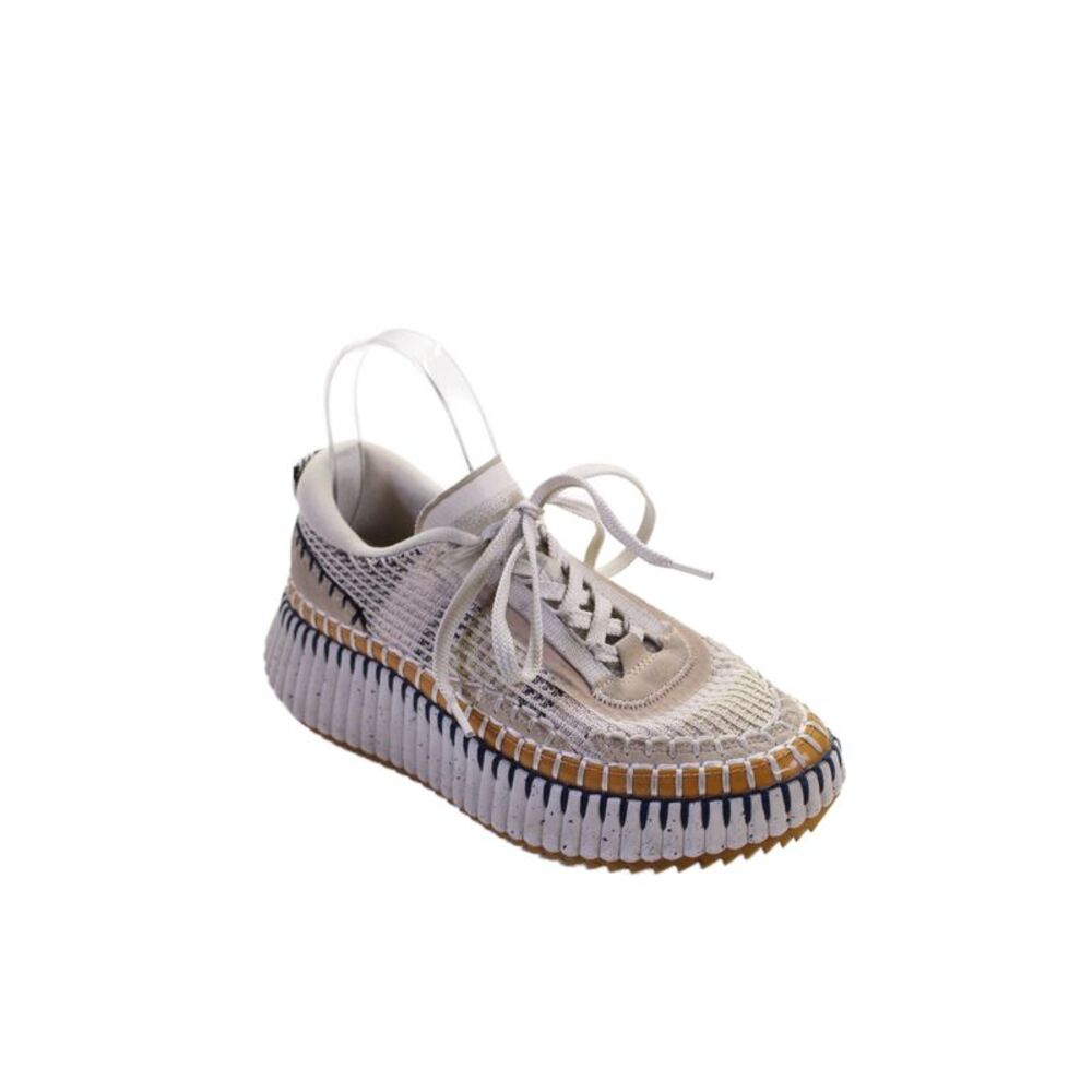 Chloe Women's Platform Lace-Up Contrast Stitches Sneakers Beige/White Size 8